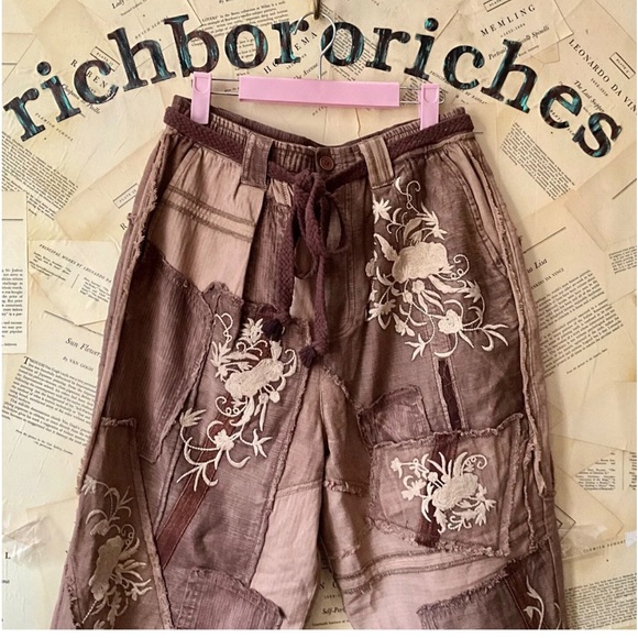 Free People We The Free Mystic Haze Embroidered Pants Floral Patched Brown - Picture 6 of 6